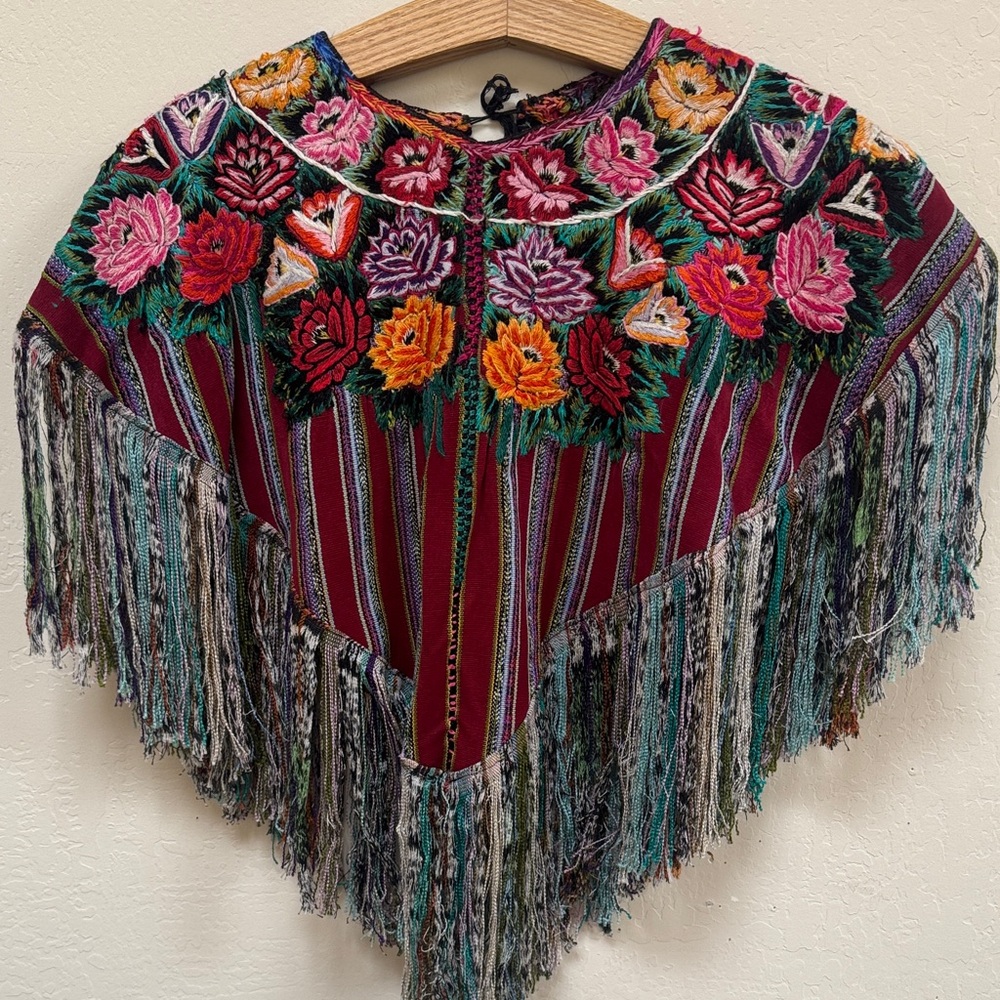 Colorful Floral Embroidered Mexican Poncho